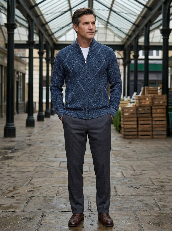 Kessler zip cardigan in Navy, lifestyle in a covered market hall, Gentlemens Manor