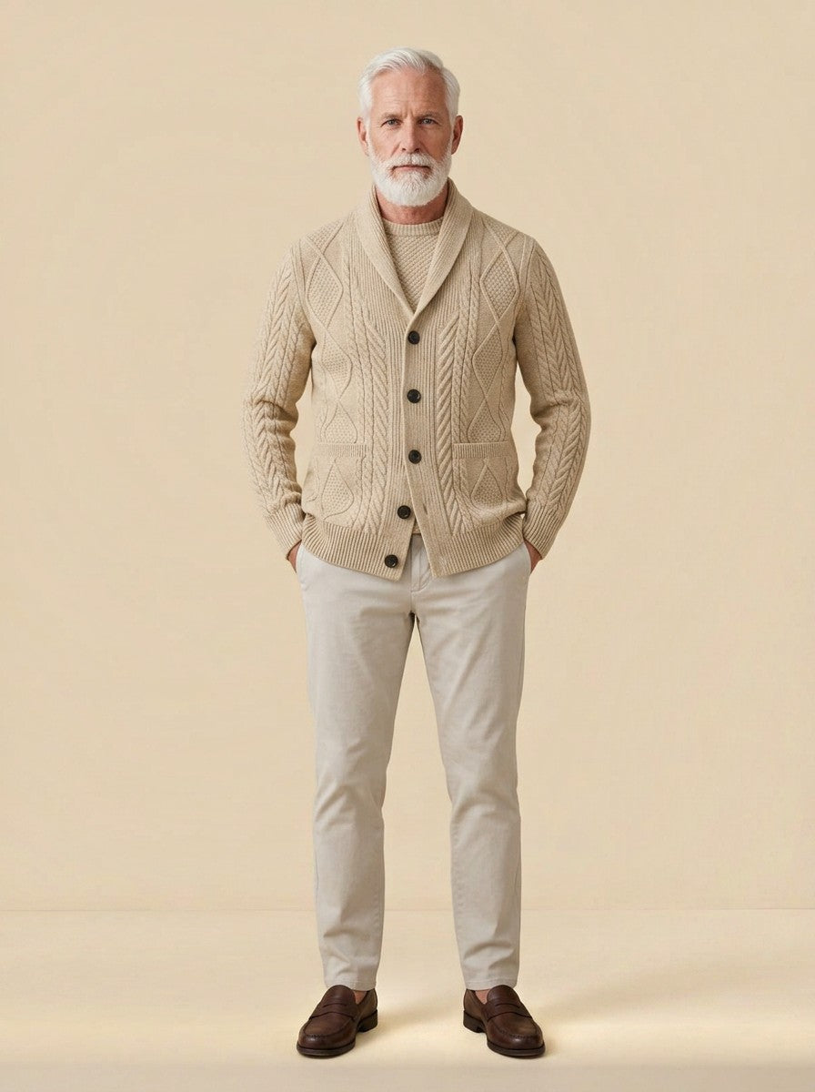 Kimball cable knit cardigan in Beige, studio, Gentlemens Manor