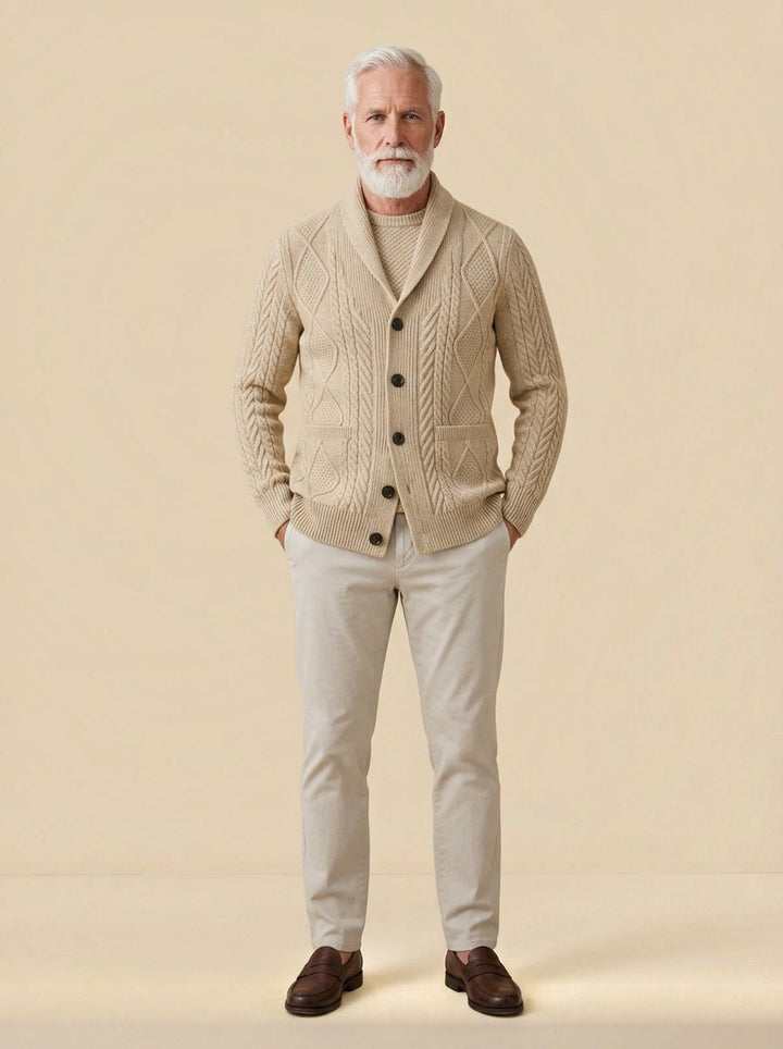 Kimball cable knit cardigan in Beige, studio, Gentlemens Manor