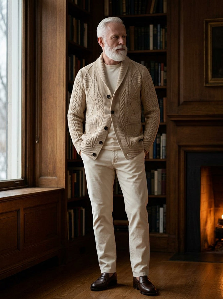 Kimball cable knit cardigan in Beige, lifestyle, Gentlemens Manor