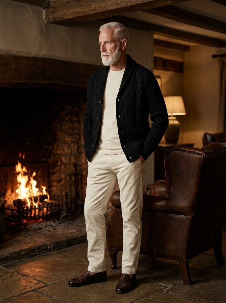 Kimball cable knit cardigan in Black, lifestyle, Gentlemens Manor