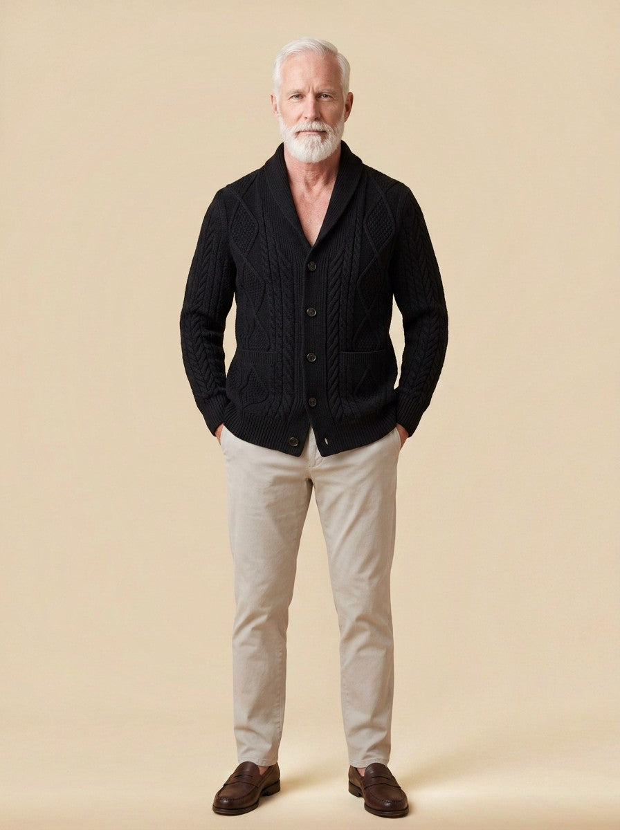 Kimball cable knit cardigan in Black, studio, Gentlemens Manor