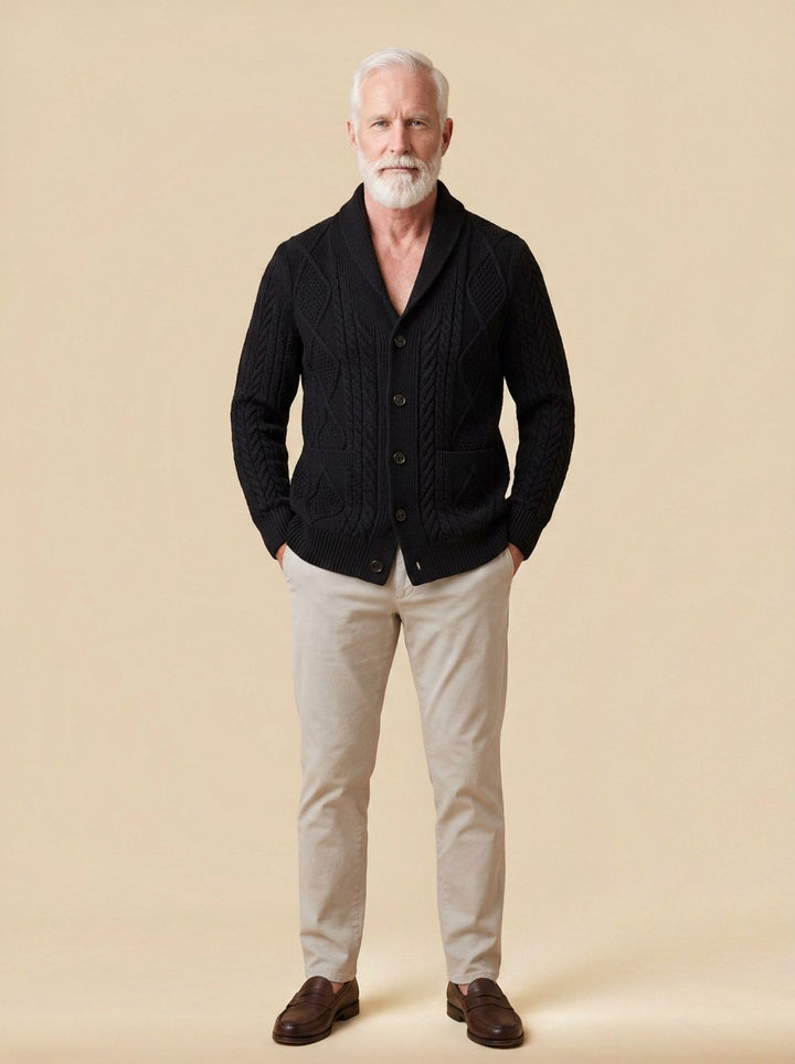 Kimball cable knit cardigan in Black, studio, Gentlemens Manor