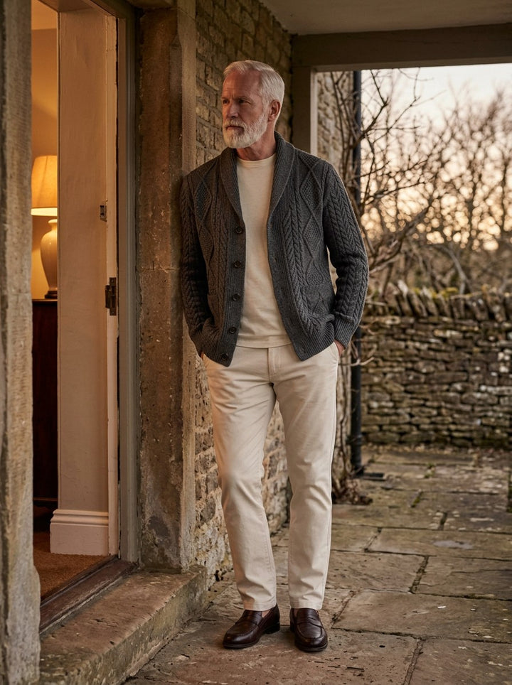 Kimball cable knit cardigan in Charcoal, lifestyle, Gentlemens Manor