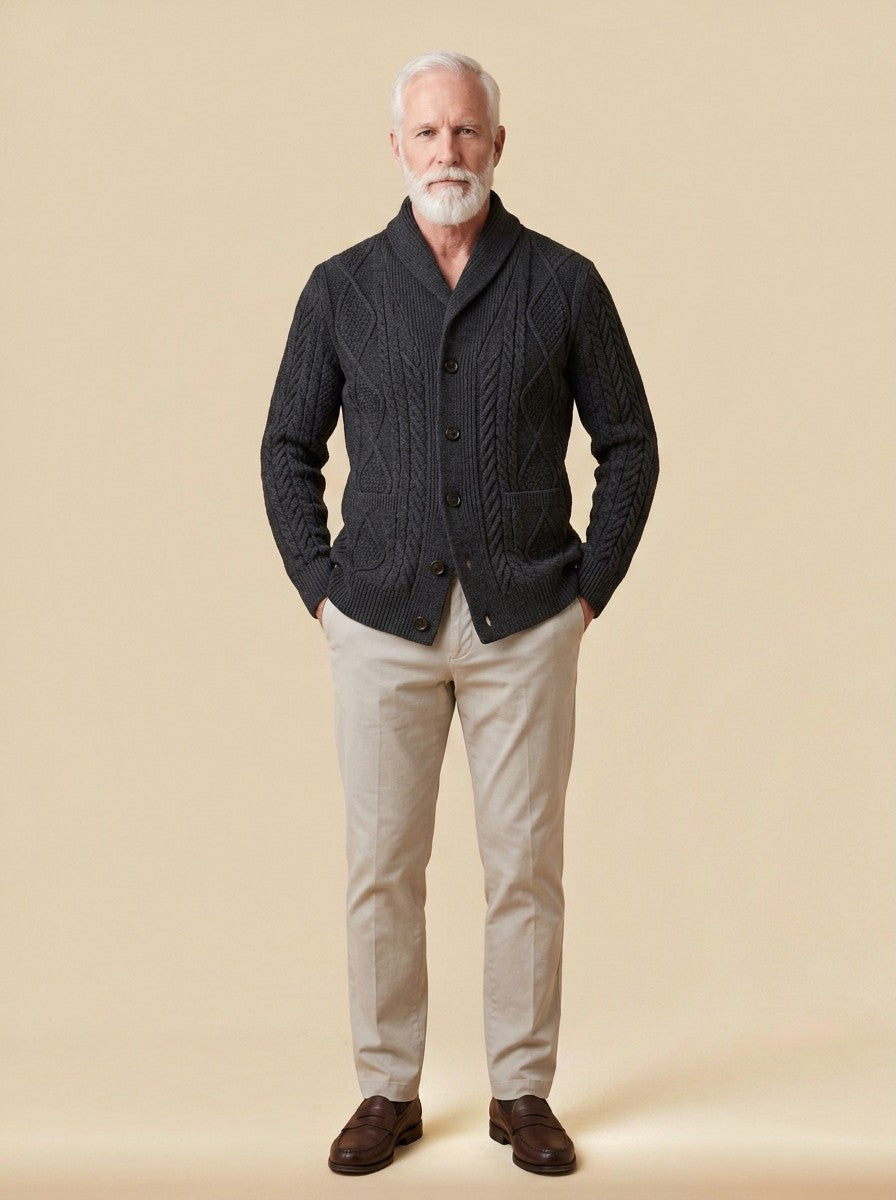 Kimball cable knit cardigan in Charcoal, studio, Gentlemens Manor