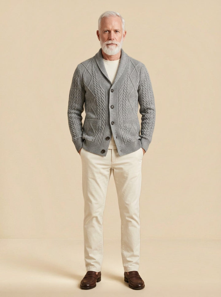 Kimball cable knit cardigan in Grey, studio, Gentlemens Manor