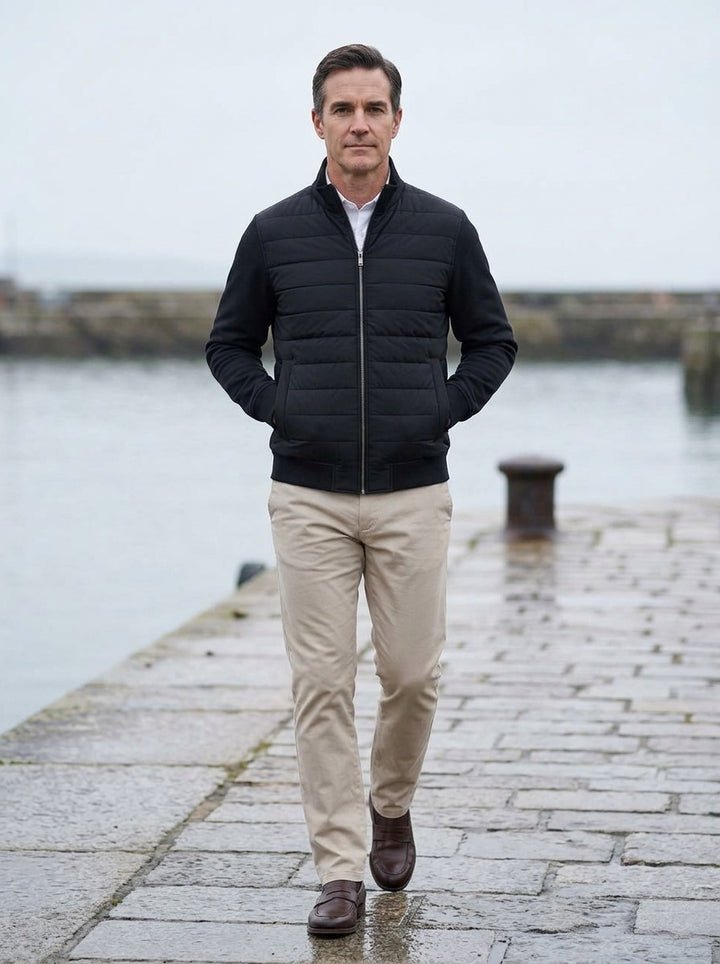 Kincaid jacket in Black, lifestyle on a stone harbor quay, Gentlemens Manor