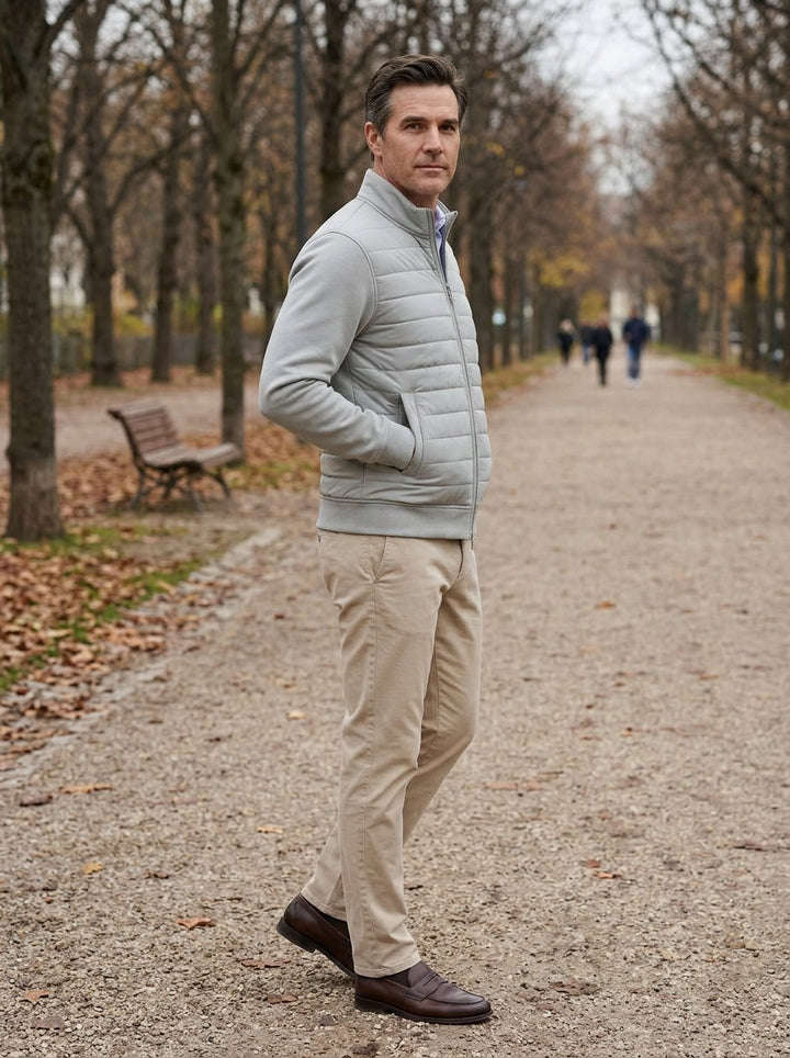 Kincaid jacket in Light Grey, lifestyle on a park path, Gentlemens Manor