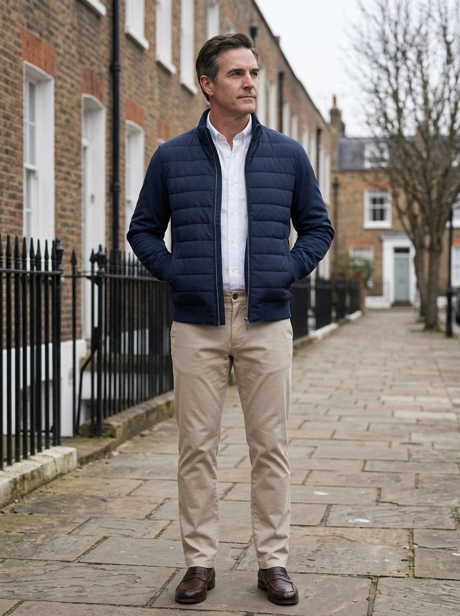 Kincaid jacket in Navy, lifestyle on a street of brick row houses, Gentlemens Manor