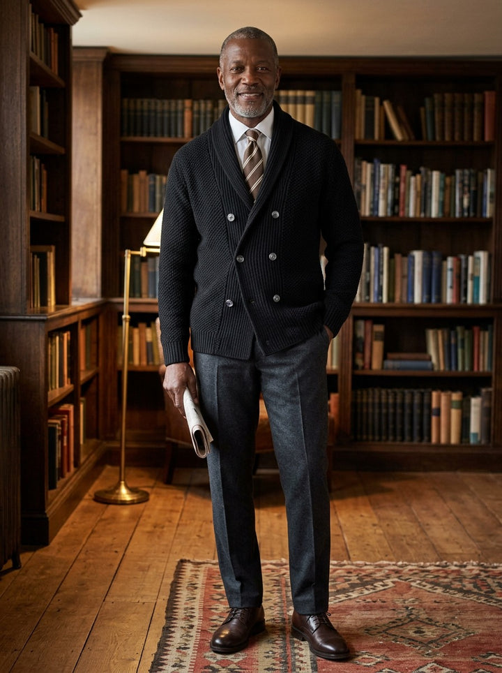 Kingsbury cardigan in Black, lifestyle in a private study, Gentlemens Manor