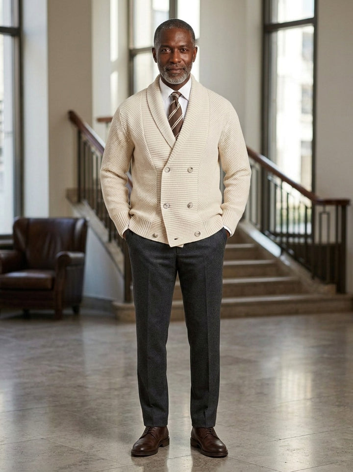 Kingsbury cardigan in Cream, lifestyle in a hotel lobby, Gentlemens Manor