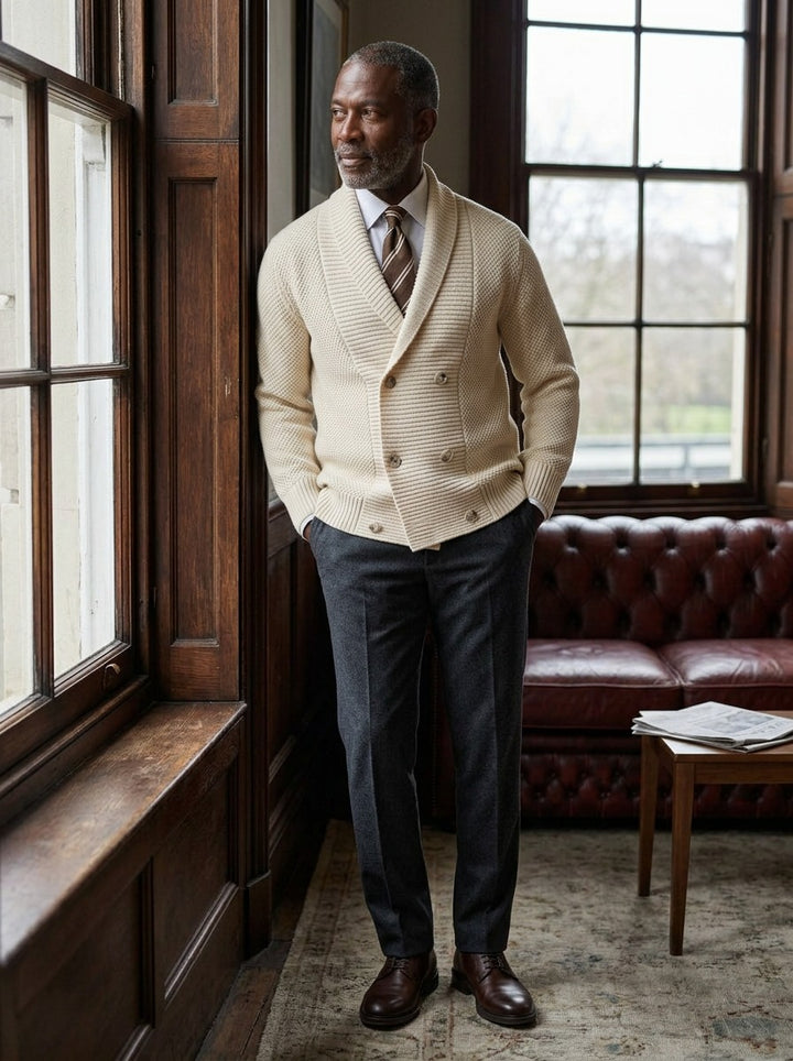 Kingsbury cardigan in Cream, lifestyle in a club reading room, Gentlemens Manor