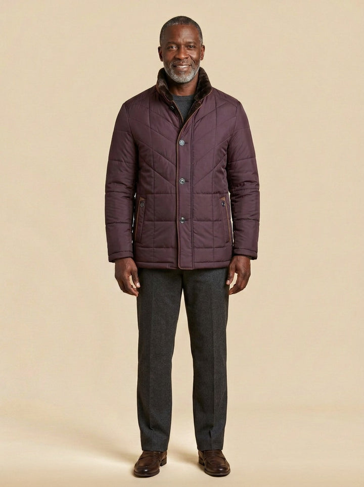 Kipling quilted winter jacket in Burgundy, studio, Gentlemens Manor