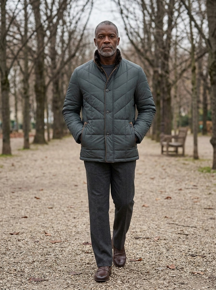 Kipling quilted winter jacket in Charcoal, lifestyle on a park path, Gentlemens Manor