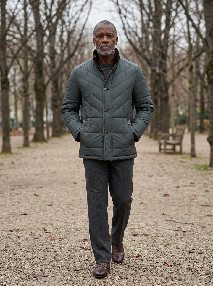 Kipling quilted winter jacket in Charcoal, lifestyle on a park path, Gentlemens Manor