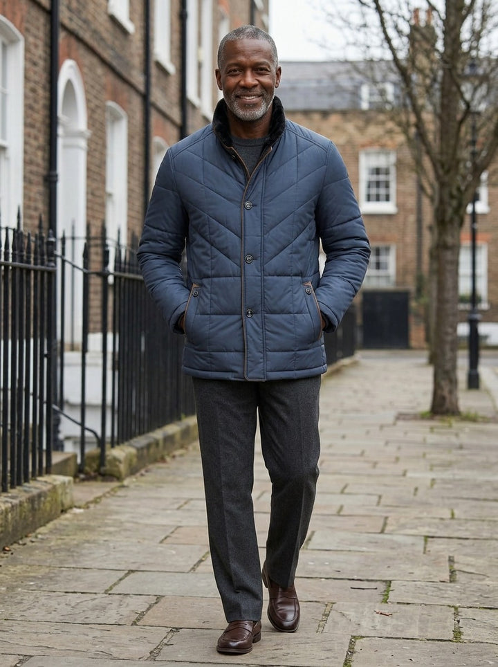 Kipling quilted winter jacket in Navy, lifestyle on a street of brick row houses, Gentlemens Manor