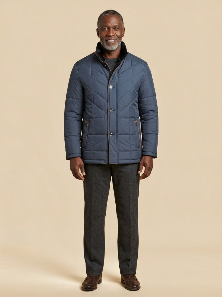 Kipling quilted winter jacket in Navy, studio, Gentlemens Manor