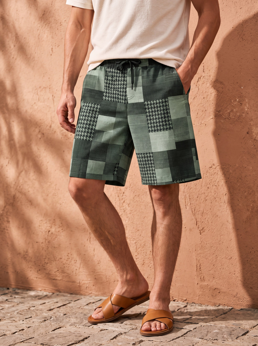 Kirby Men summer shorts in green, worn by a model in a Mediterranean setting - Gentlemens Manor lifestyle