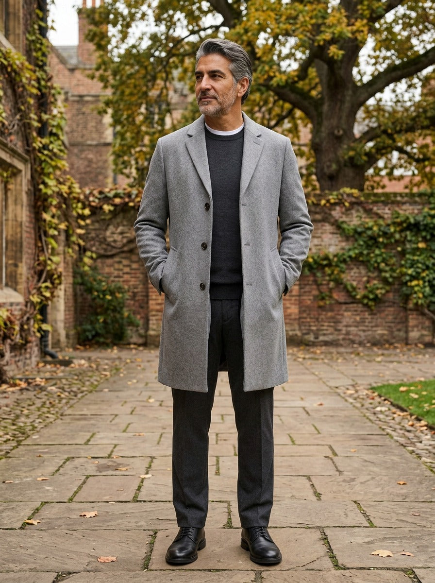 Kirkland coat in Grey, lifestyle in a brick college courtyard, Gentlemens Manor