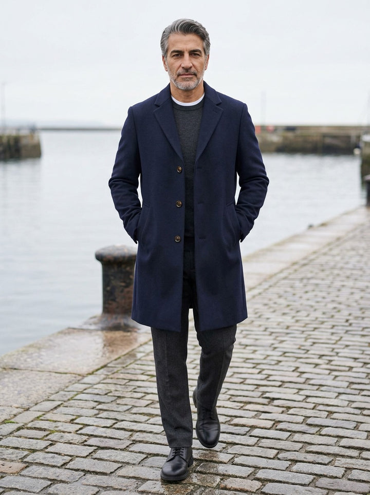 Kirkland coat in Navy, lifestyle on a stone harbor quay, Gentlemens Manor
