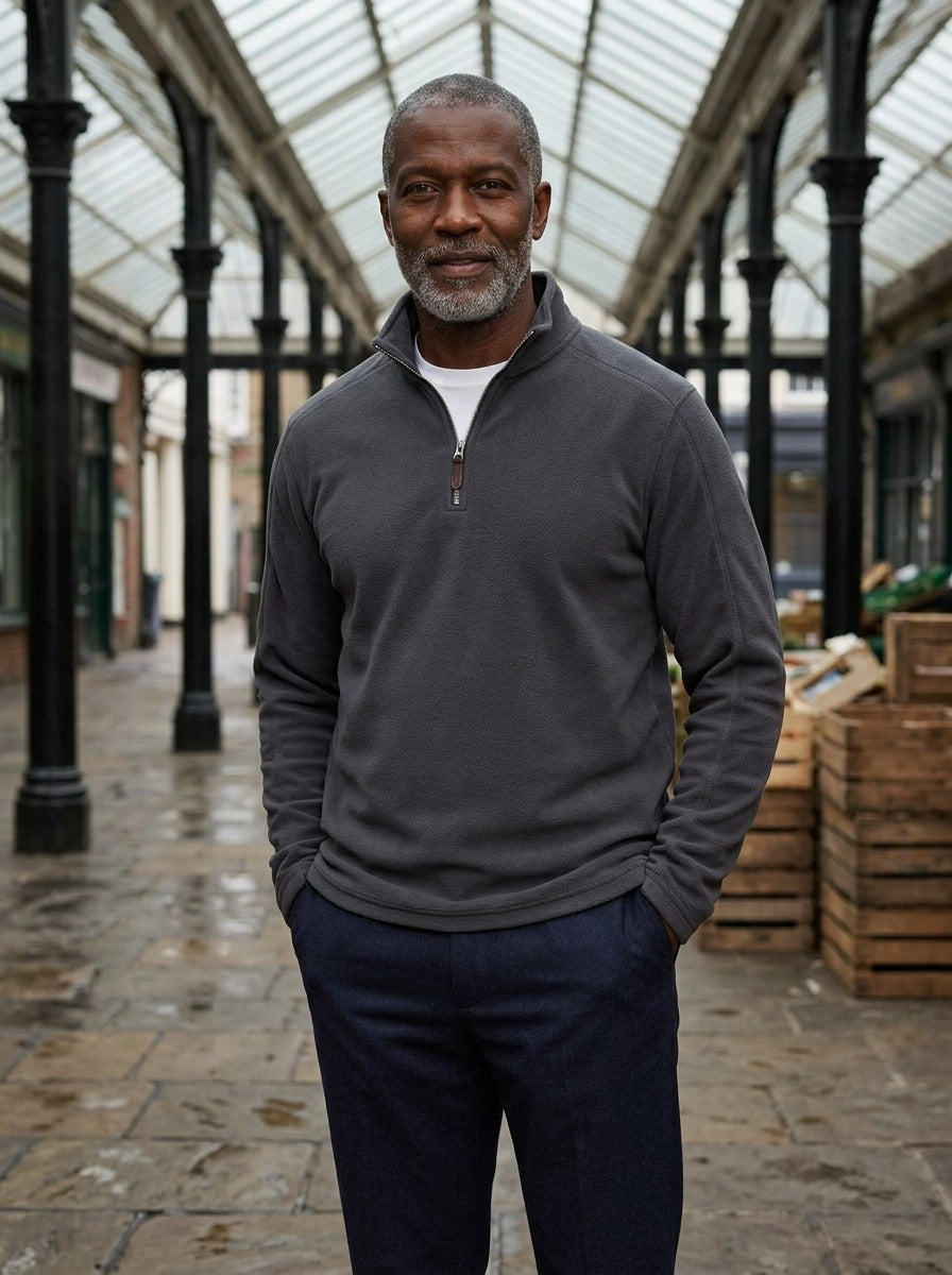Lambert fleece half zip pullover in Charcoal, lifestyle, Gentlemens Manor