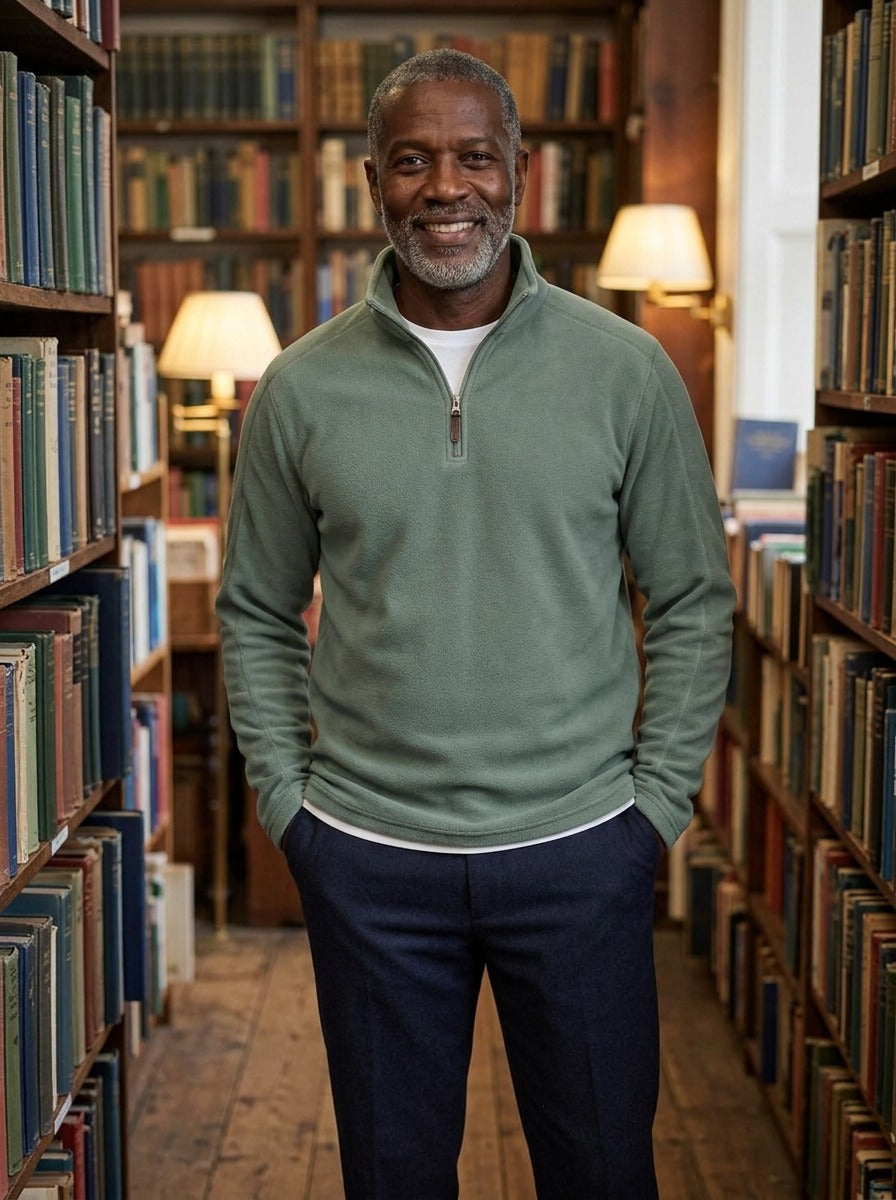 Lambert fleece half zip pullover in Sage, lifestyle, Gentlemens Manor