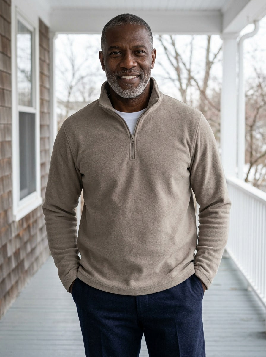 Lambert fleece half zip pullover in Sand, lifestyle, Gentlemens Manor