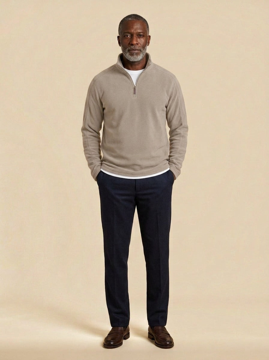Lambert fleece half zip pullover in Sand, studio, Gentlemens Manor