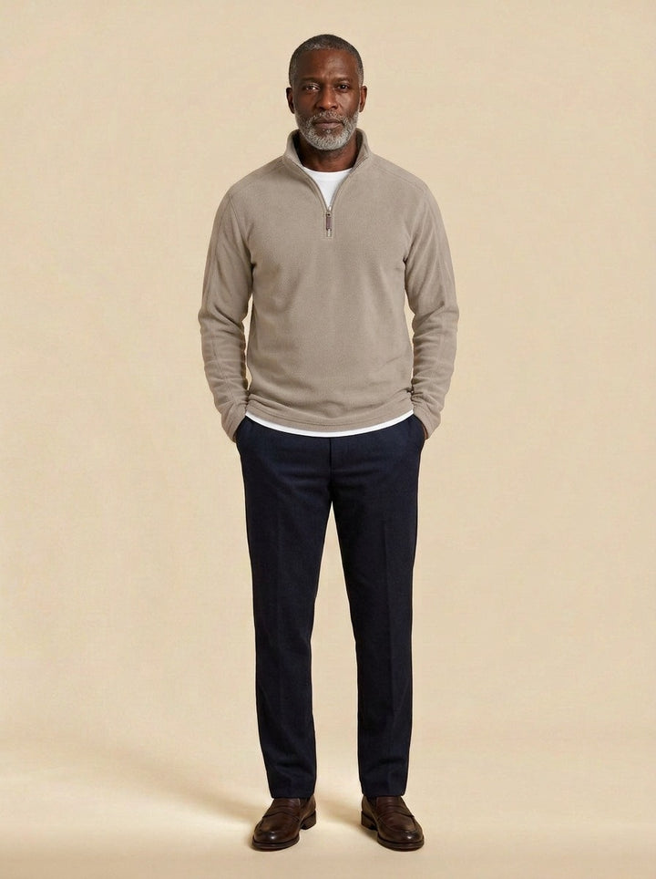 Lambert fleece half zip pullover in Sand, studio, Gentlemens Manor