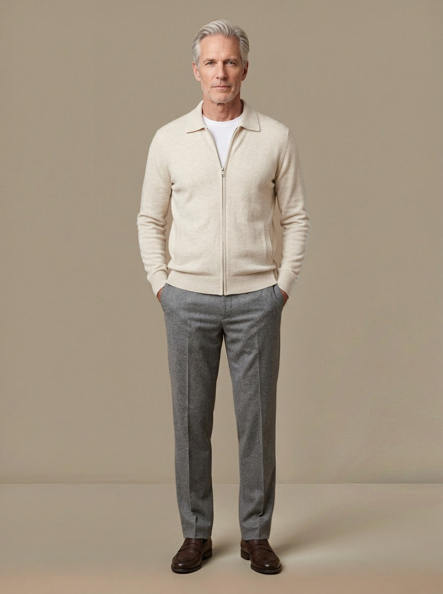 Lambeth spread collar zip cardigan in Cream, studio, Gentlemens Manor