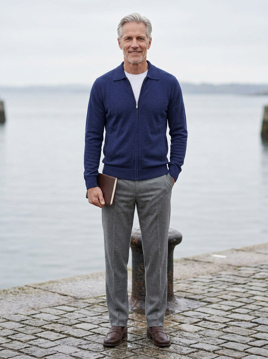 Lambeth spread collar zip cardigan in Navy, lifestyle on a stone harbor quay, Gentlemens Manor