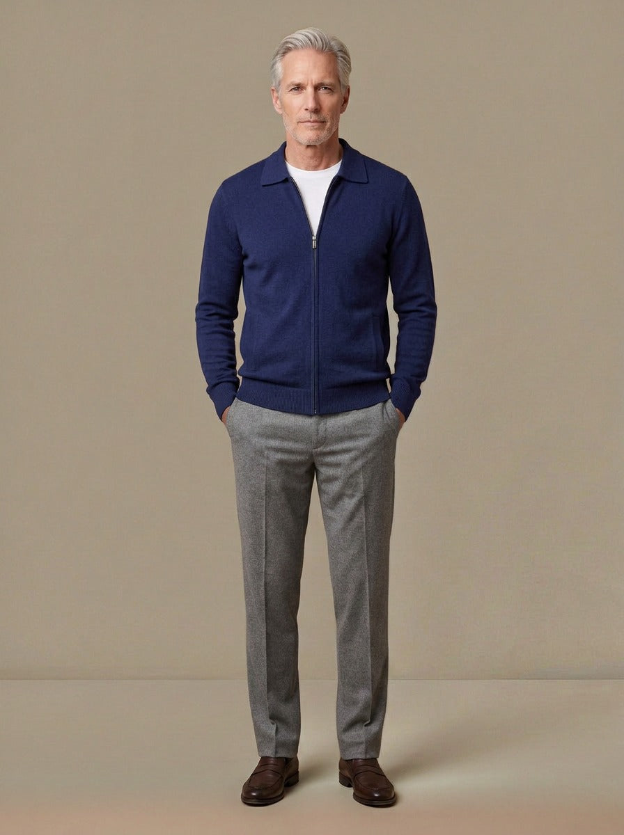 Lambeth spread collar zip cardigan in Navy, studio, Gentlemens Manor