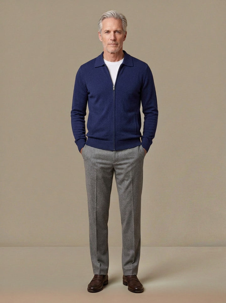 Lambeth spread collar zip cardigan in Navy, studio, Gentlemens Manor