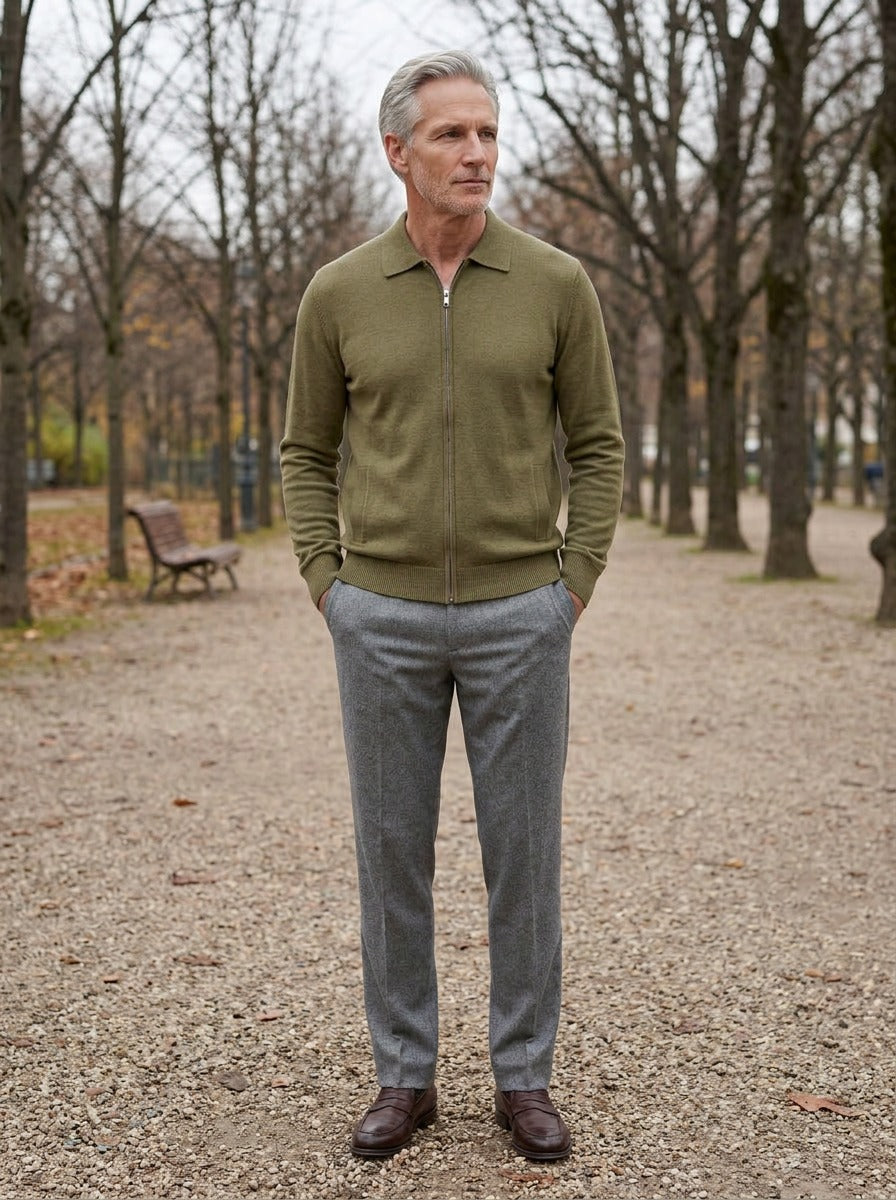 Lambeth spread collar zip cardigan in Olive, lifestyle on a park path, Gentlemens Manor
