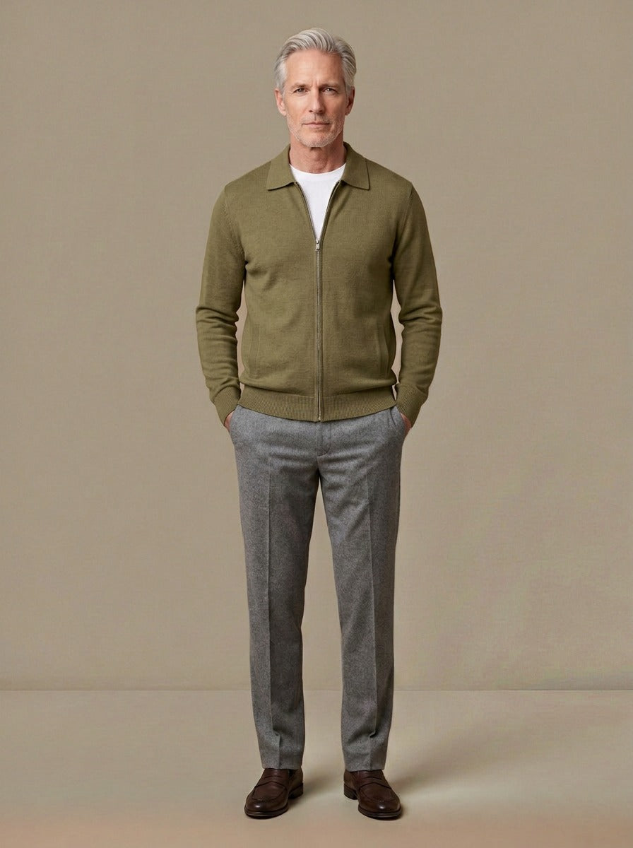 Lambeth spread collar zip cardigan in Olive, studio, Gentlemens Manor
