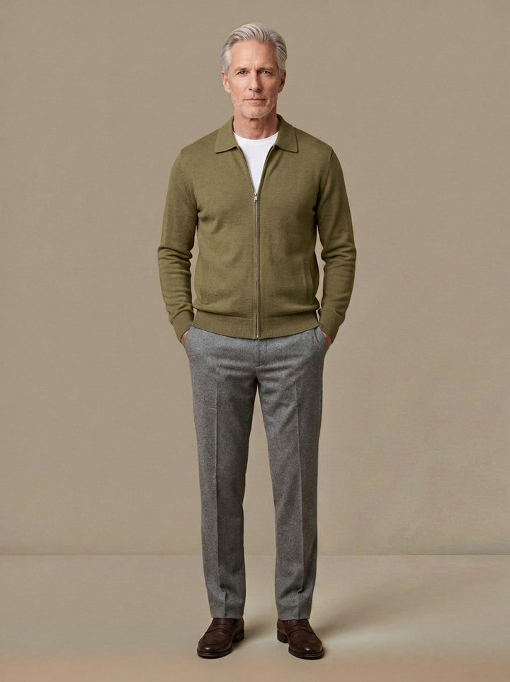 Lambeth spread collar zip cardigan in Olive, studio, Gentlemens Manor