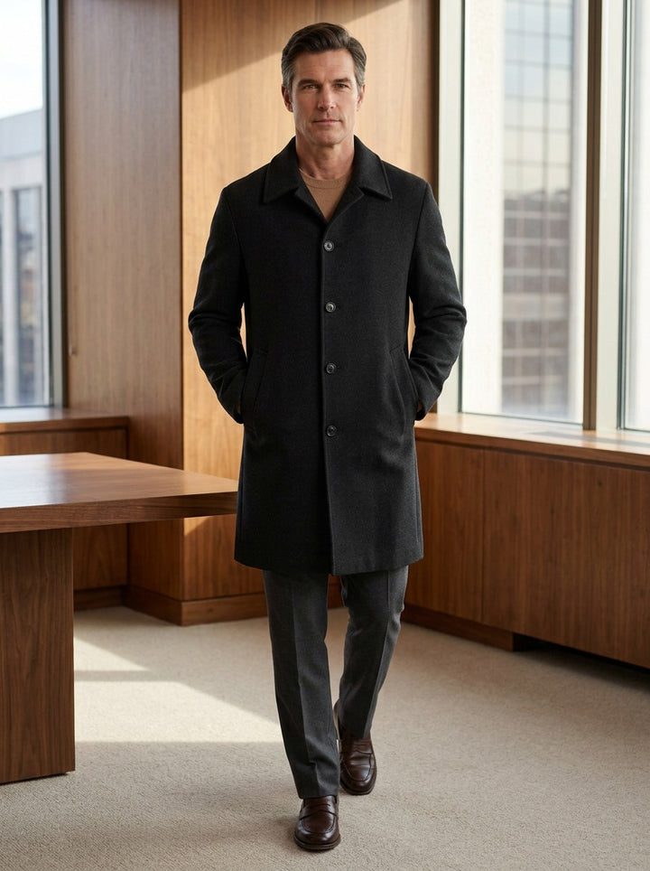 Lancaster point collar longline overcoat in Black, lifestyle in a timber paneled office, Gentlemens Manor