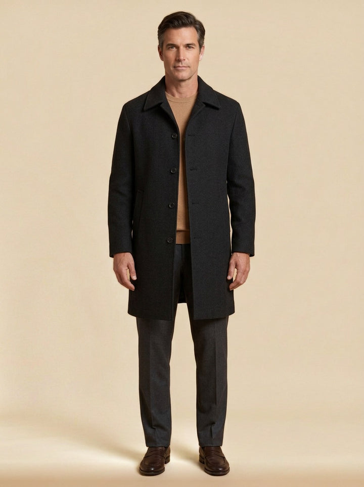 Lancaster point collar longline overcoat in Black, studio, Gentlemens Manor