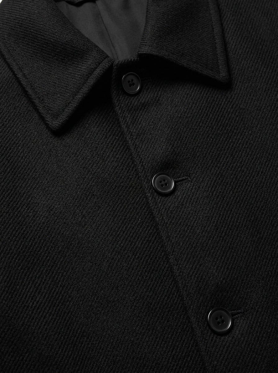 Lancaster point collar longline overcoat, fabric close up, Gentlemens Manor