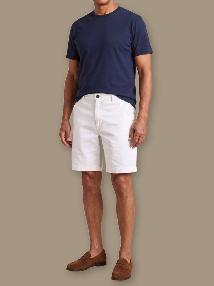 Lance summer shorts in White, worn by a model on a warm taupe studio background - Gentlemens Manor
