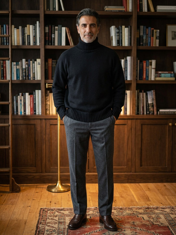 Langdon turtleneck sweater in Black, lifestyle in a private study, Gentlemens Manor