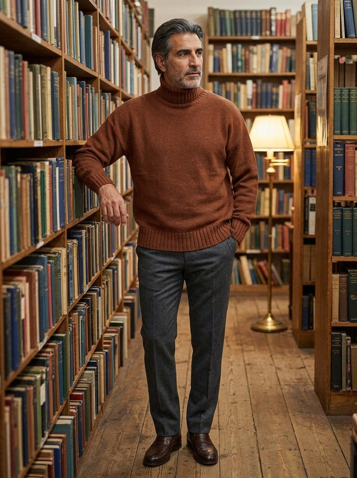 Langdon turtleneck sweater in Brown, lifestyle in a secondhand bookshop, Gentlemens Manor