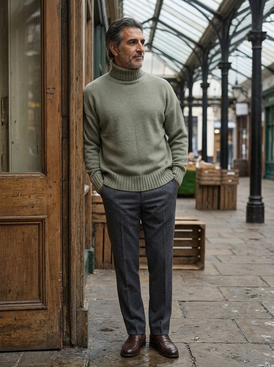 Langdon turtleneck sweater in Sage, lifestyle in a covered market hall, Gentlemens Manor