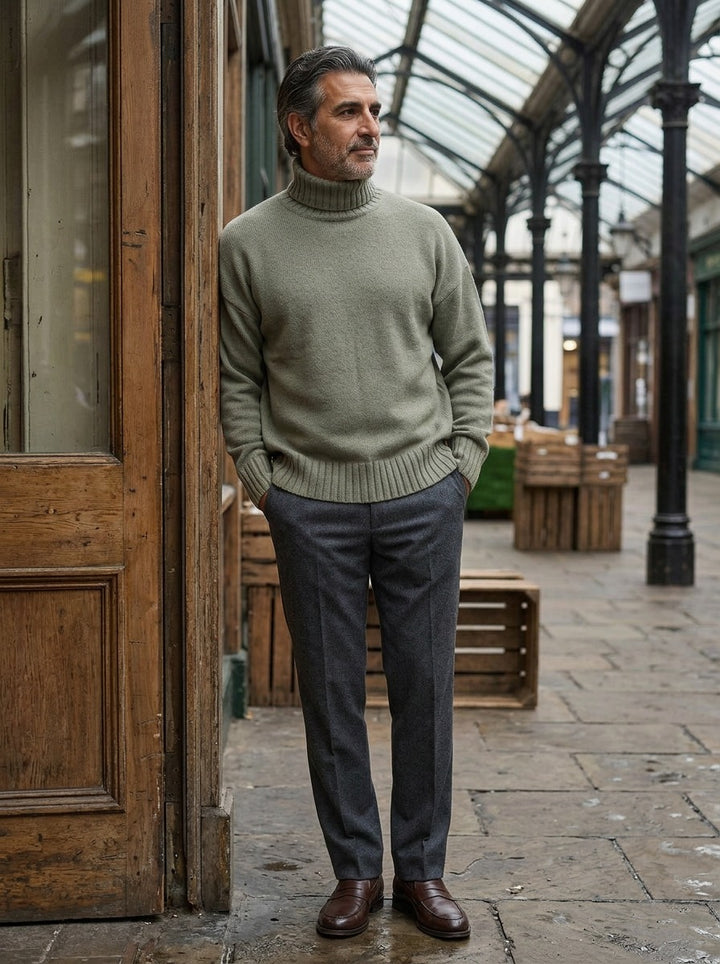 Langdon turtleneck sweater in Sage, lifestyle in a covered market hall, Gentlemens Manor