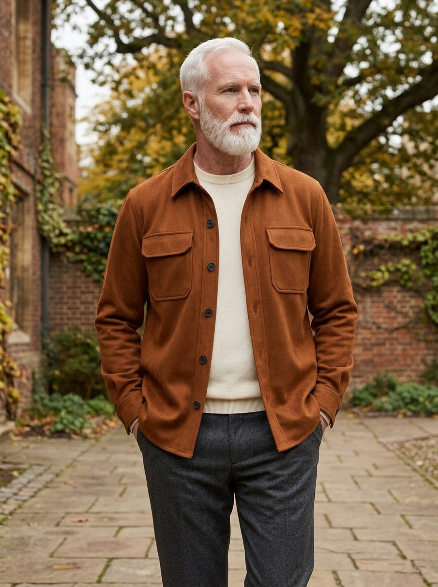 Langford suede look overshirt in Brown, lifestyle in a brick college courtyard, Gentlemens Manor