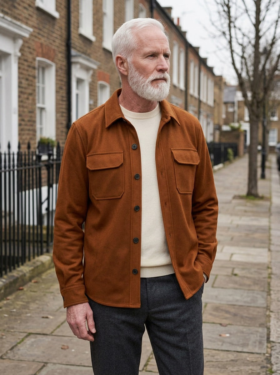 Langford suede look overshirt in Brown, lifestyle on a street of brick row houses, Gentlemens Manor