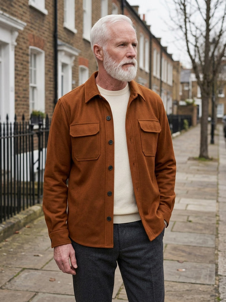 Langford suede look overshirt in Brown, lifestyle on a street of brick row houses, Gentlemens Manor