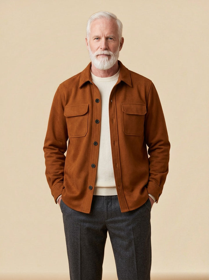 Langford suede look overshirt in Brown, studio, Gentlemens Manor