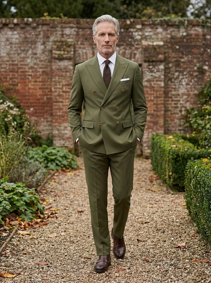 Langley double breasted suit in Olive, garden lifestyle, Gentlemens Manor