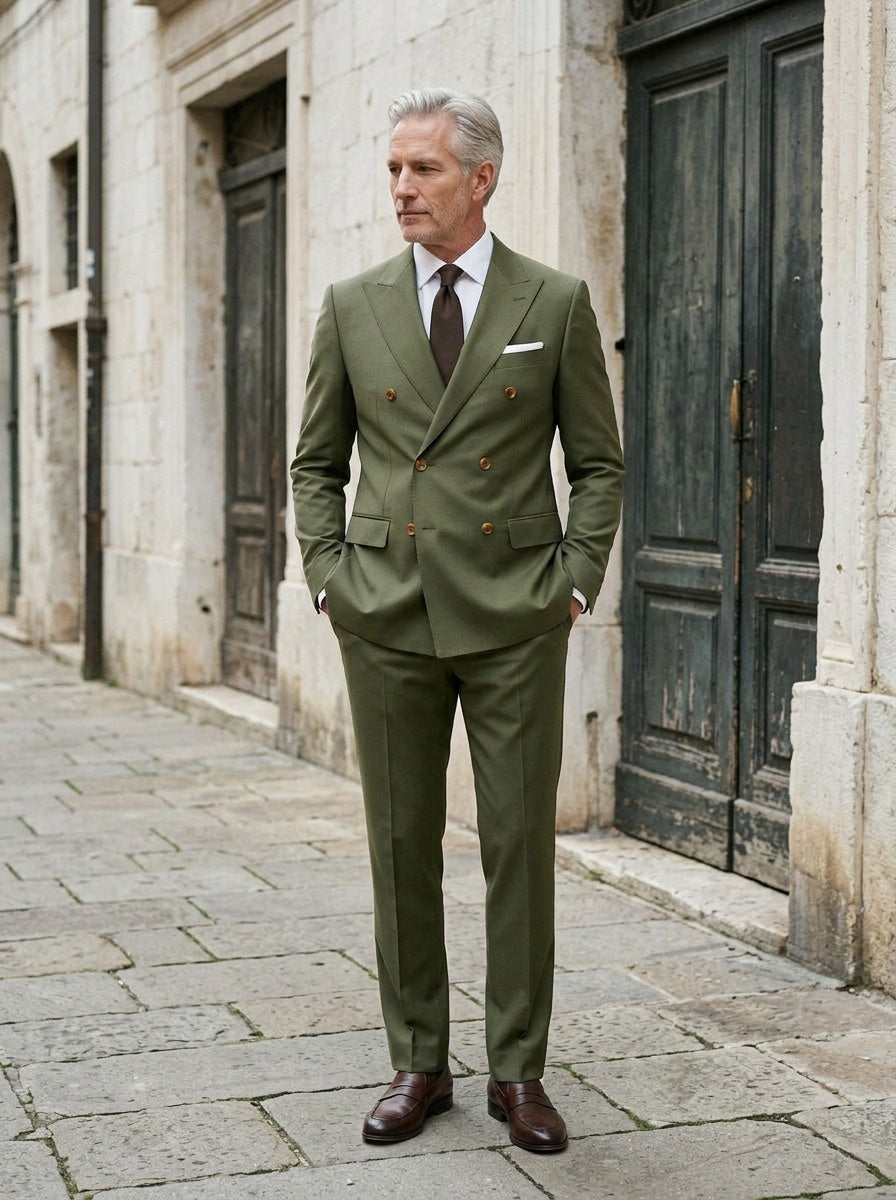 Langley double breasted suit in Olive, street lifestyle, Gentlemens Manor